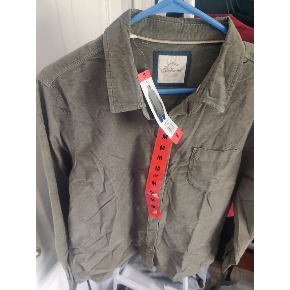 JACHS Girlfriend Corduroy Button-Up‎ Shirt Olive Long Sleeve Medium
